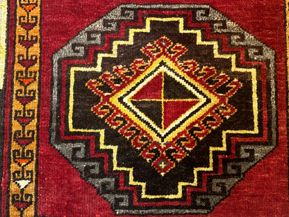 Turkish Yastik Rug 2x3 Antique Red Wool With Double Medallions Geometric Design