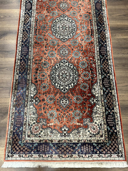 Turkish Silk Runner Rug 3x8, Short Runner Rug, Red, Floral Medallions, Very Fine 360 KPSI, 3 x 8 Runner