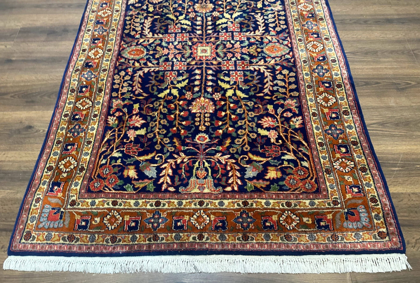 Indo Persian Sarouk Rug 4x6, Blue and Rust Red