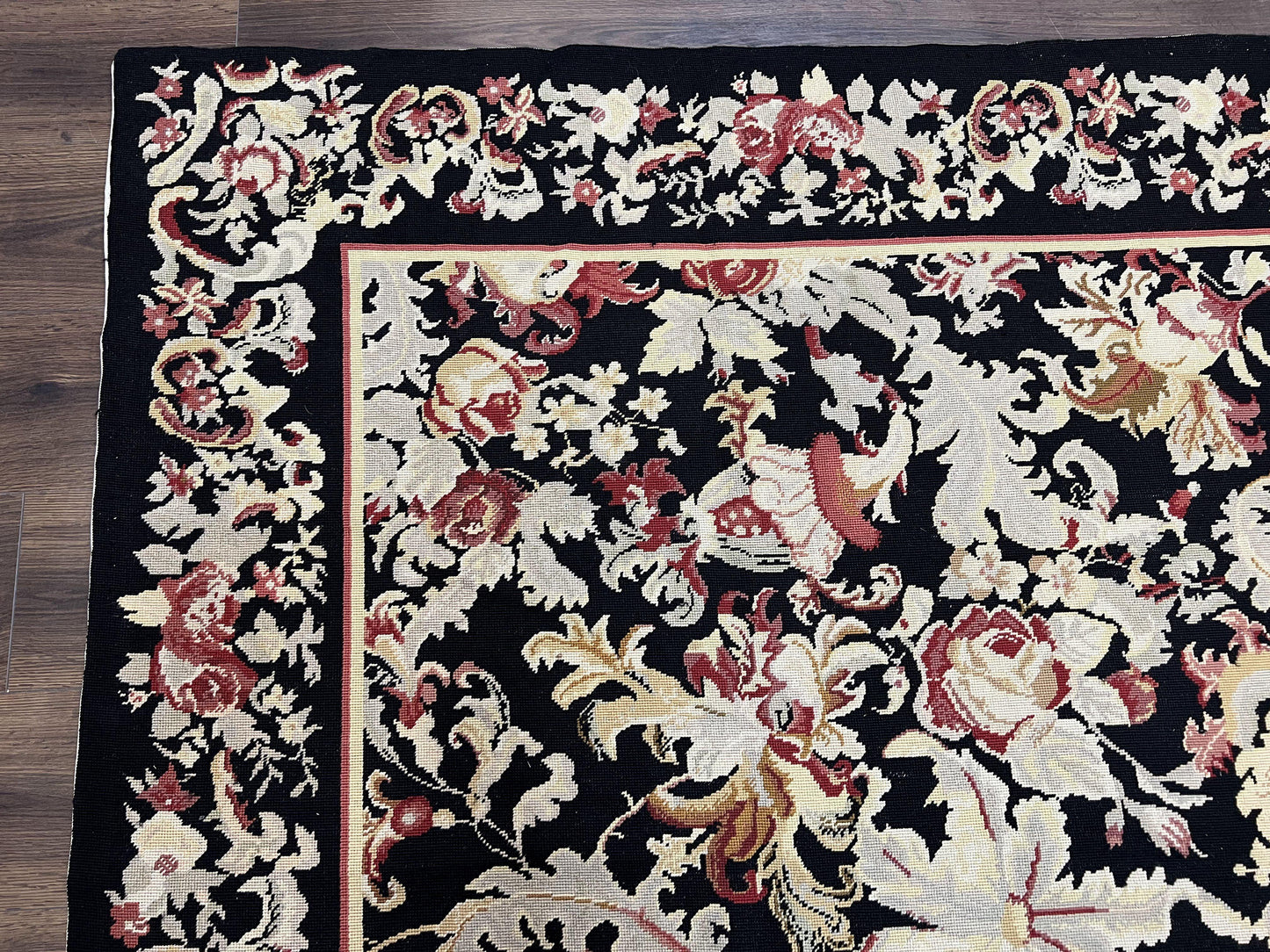 Wool Needlepoint Rug 9x12, William Morris Vintage Chinese Needlepoint Carpet 9 x 12, Handwoven, Allover Floral Area Rug, Black Light Green