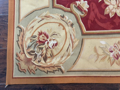 Aubusson Rug 4x6 Red Floral European Design Vintage Wool Handwoven