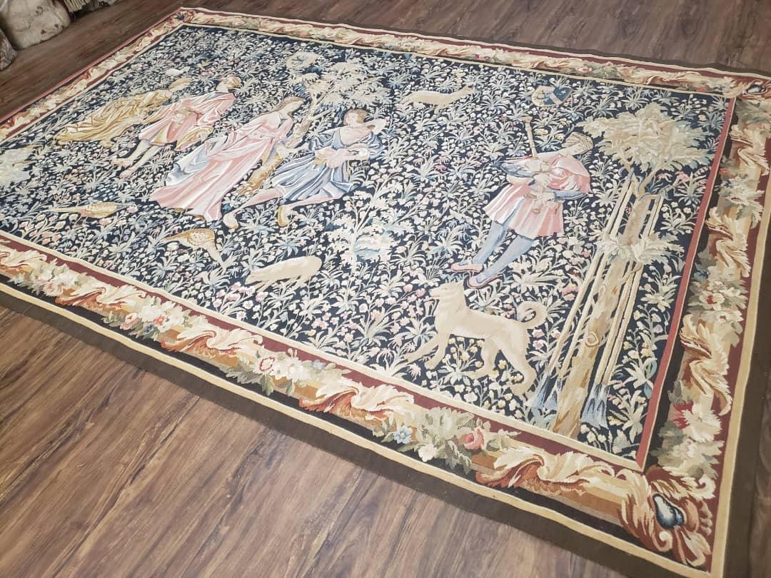 Vintage European Tapestry Aubusson Weave Wool Wall Hanging Courtship Scene Animals