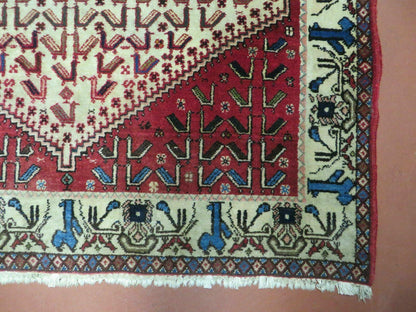 Vintage Handmade Wool Rug India Geometric Oriental Birds Ivory Red 3x5