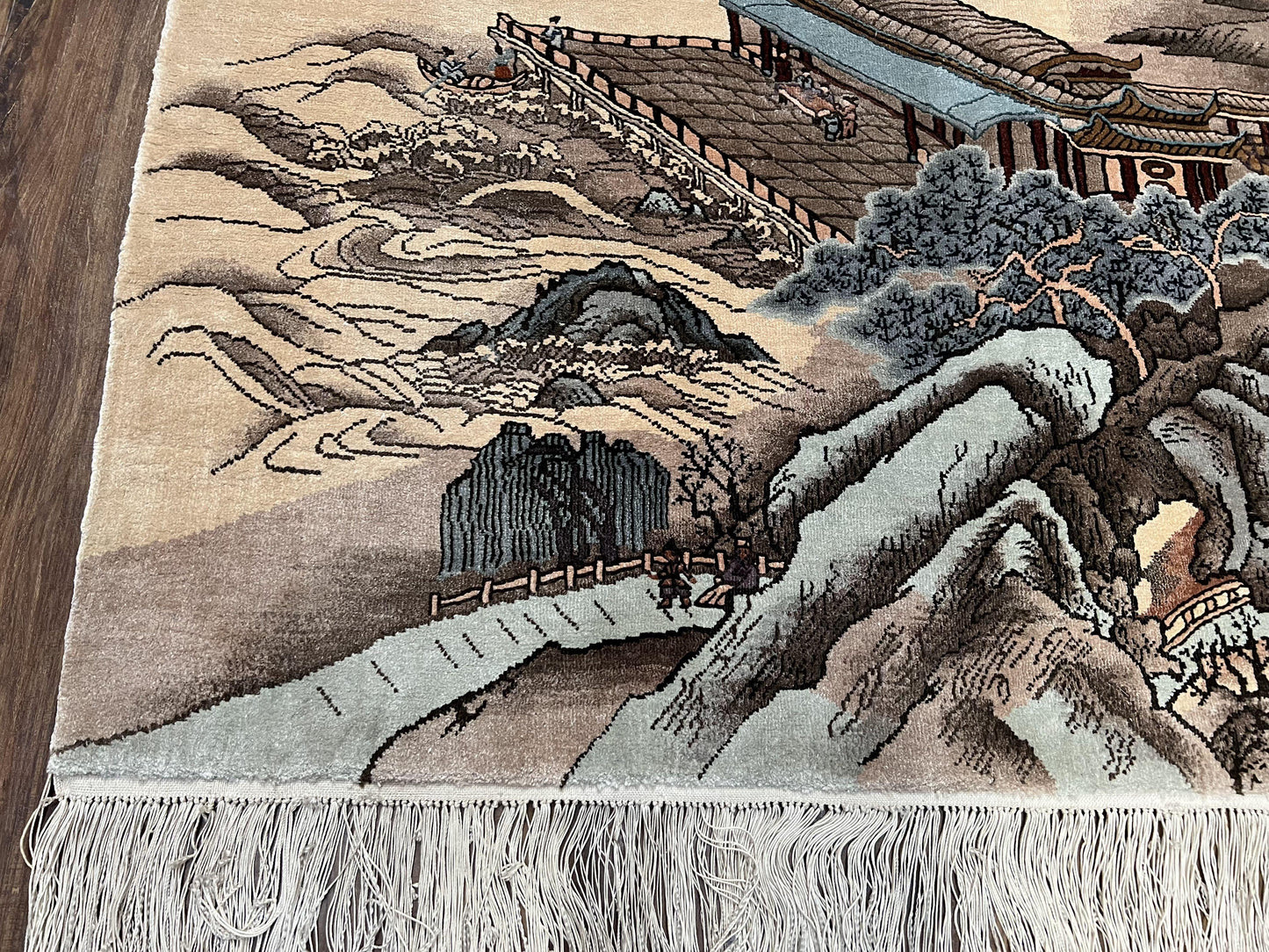 Silk Chinese Wall Hanging Rug 3x6 ft Tapestry, Pagoda Scene, Pictorial, High Quality Fine Hand Knotted Vintage, Asian Oriental Handmade Nice