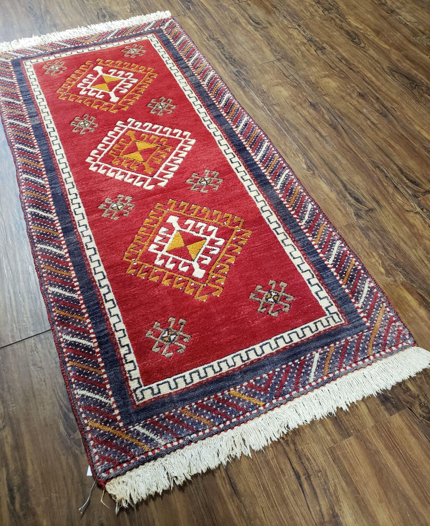 Vintage Turkish Kazak Rug 2.5 by 5 Red Wool Runner With Medallions Geometric Pattern