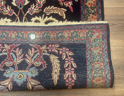 Persian Kerman Rug Antique Navy Blue Floral 2 Ft 8 In By 4 Ft Hand Woven