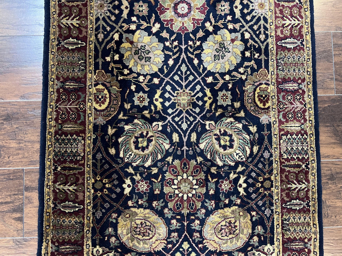 Indo Persian Wool Runner 2.8 x 18 Hand Knotted Vintage Floral Hallway Rug In Dark Blue Burgundy