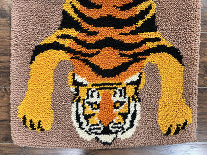 Small Hooked Rug 2x3, Tibetan Tiger Design, Wool, Unique Hooked Rug, Vintage