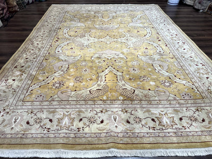 Sino Persian Rug 8x11, Wool with Silk Highlights, Unique Colors, Gold and Light Green, Fine 240 KPSI