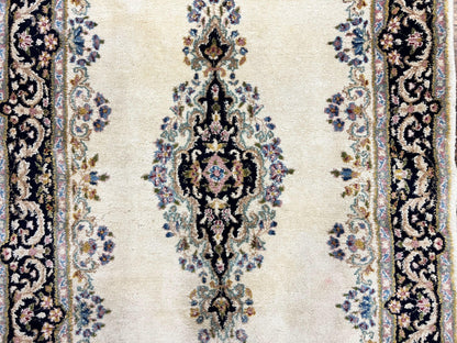 Persian Kirman Rug 4x7, Wool Hand Knotted Antique Carpet, Beige, Semi Open Field Medallion Rug, Traditional Handmade Oriental Rug