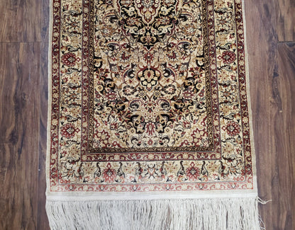 Silk Oriental Rug 1' 7" x 3', Very Fine Silk Carpet, Small Silk Rug, Traditional Floral Medallion, Hand-Knotted Cream Beige Vintage Silk Rug