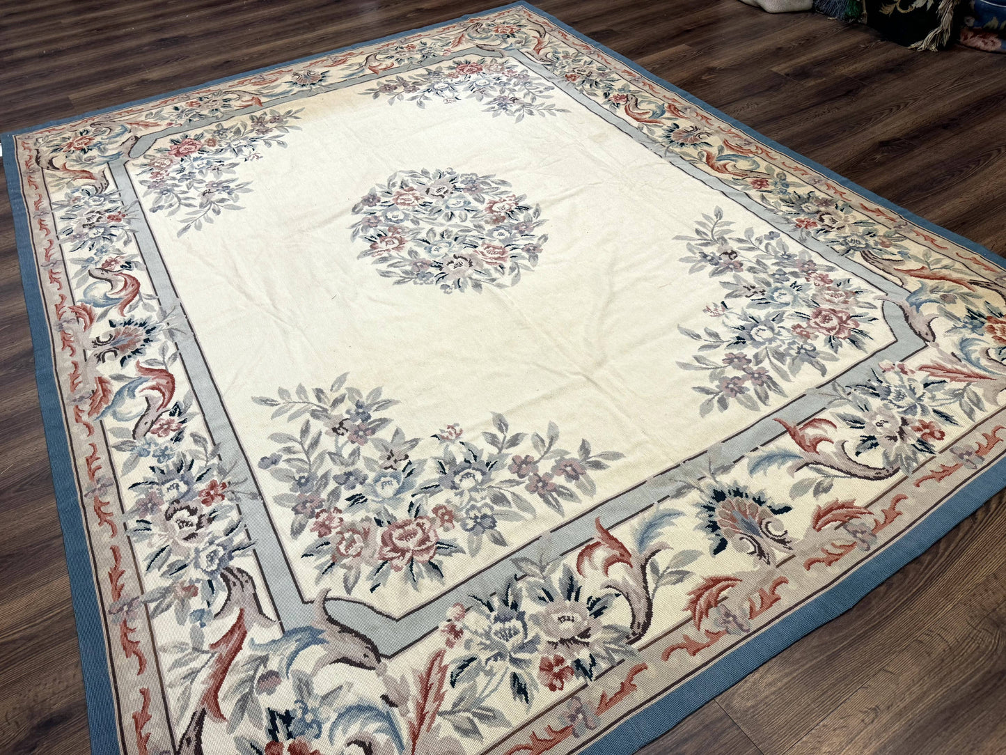 Ivory Needlepoint Rug 8x10, Wool Handmade Carpet