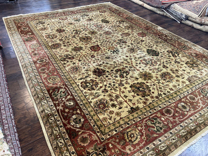 Large Indian Rug 10x14, Hand Knotted Indo Persian Gandehar Oriental Carpet, Vintage Wool Rug 10 x 14 ft Cream Red Floral Allover Traditional
