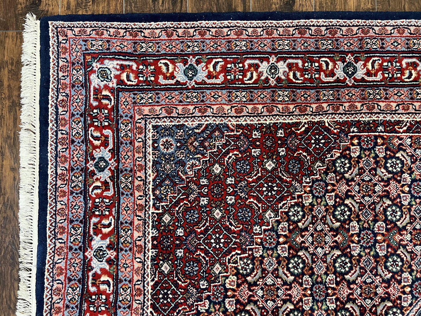 Indo Persian Rug 7x10, Dark Blue and Red Hand Knotted Wool Vintage Oriental Carpet 7 x 10 ft, Handmade Bidjar Rug, Herati Pattern Indian Rug