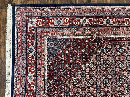 Indo Persian Rug 7x10, Dark Blue and Red Hand Knotted Wool Vintage Oriental Carpet 7 x 10 ft, Handmade Bidjar Rug, Herati Pattern Indian Rug