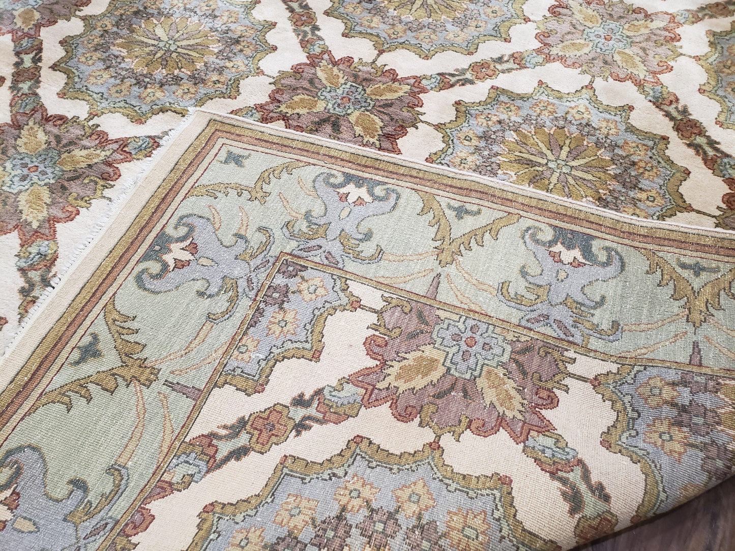 Indo Sultanabad Area Rug 8 x 9.5, Wool Hand-Knotted Ivory Green Teal Decorative Rug, Floral Panel Carpet, Indian Rug, 8 x 10 Bedroom Rug