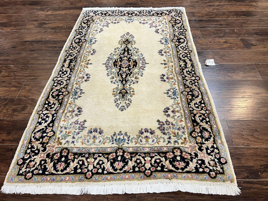 Persian Kirman Rug 4x7, Wool Hand Knotted Antique Carpet, Beige, Semi Open Field Medallion Rug, Traditional Handmade Oriental Rug
