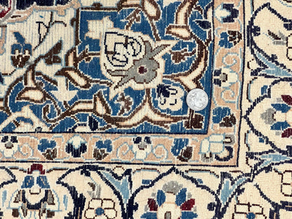 Persian Nain Rug 4x6, Floral, Hand Knotted Vintage Wool & Silk Highlights, Signature from Masterweaver, Navy Blue and Ivory