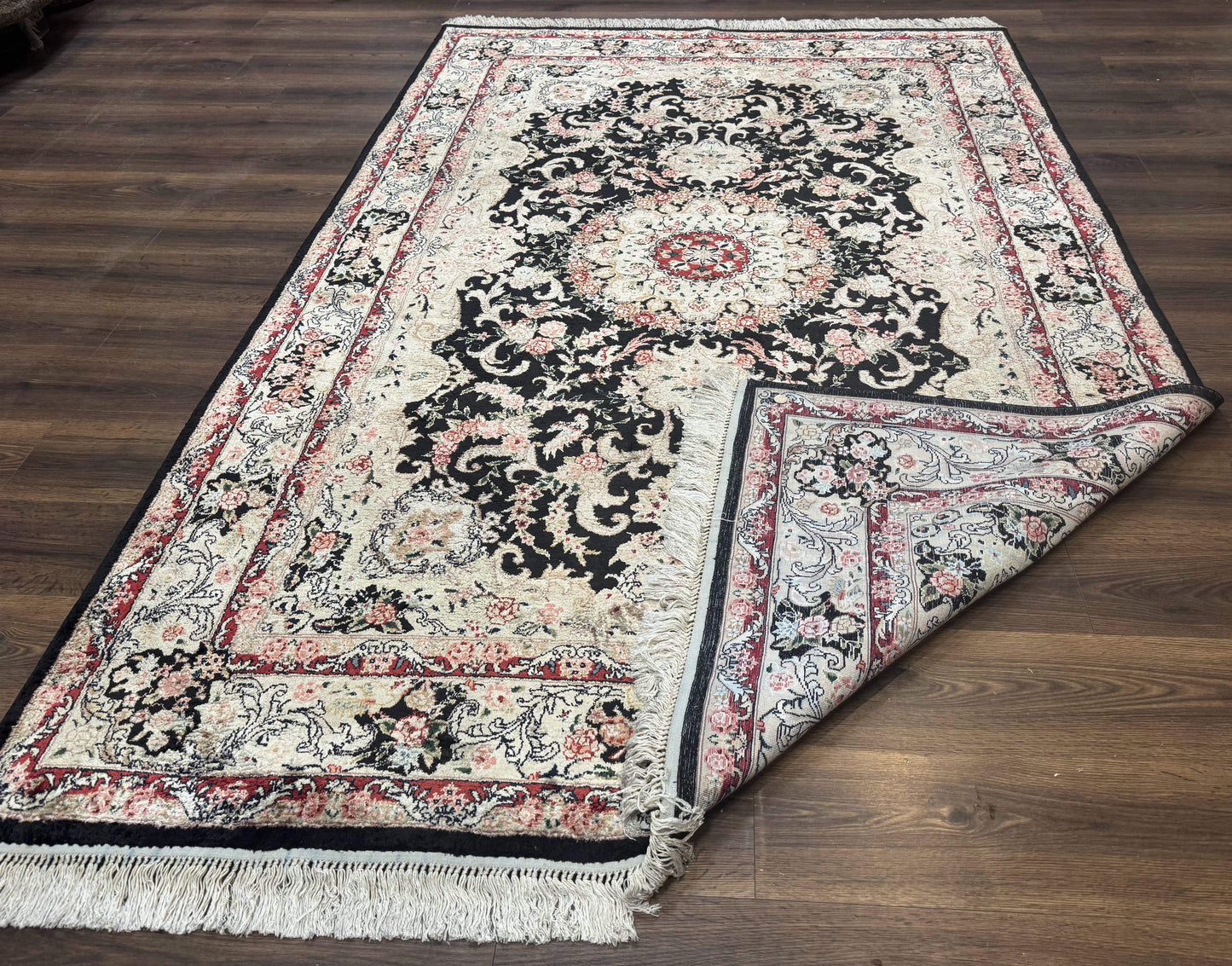 Indian Kashmiri Silk Rug, Floral Medallion, Vintage Hand Knotted Carpet