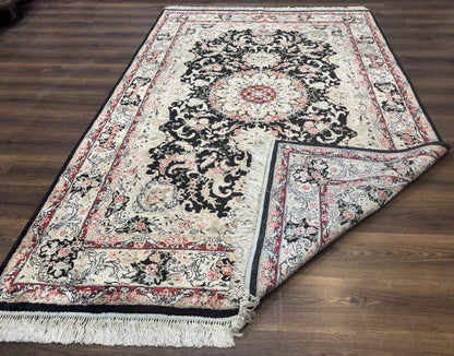 Indian Kashmiri Silk Rug, Floral Medallion, Vintage Hand Knotted Carpet