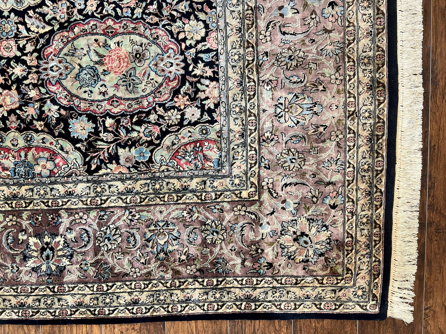 Sino Persian Rug 9x12 Navy Blue and Pink Hand Knotted Wool Silk Floral Vintage Oriental Carpet