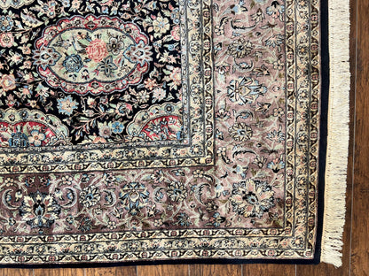 Sino Persian Rug 9x12 Navy Blue and Pink Hand Knotted Wool Silk Floral Vintage Oriental Carpet
