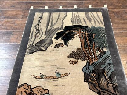 Chinese Silk Wall Hanging Hand Knotted 3x5 Feet River And Boat Scene Rug Tapestry For Home Decor