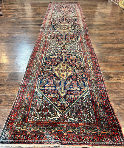 Antique Persian Runner Rug 3.7 x 15.8, Navy Blue Multicolor, Hand Knotted Handmade Wool Rug for Hallway, Geometric Medallions, Persian Hamadan Rug