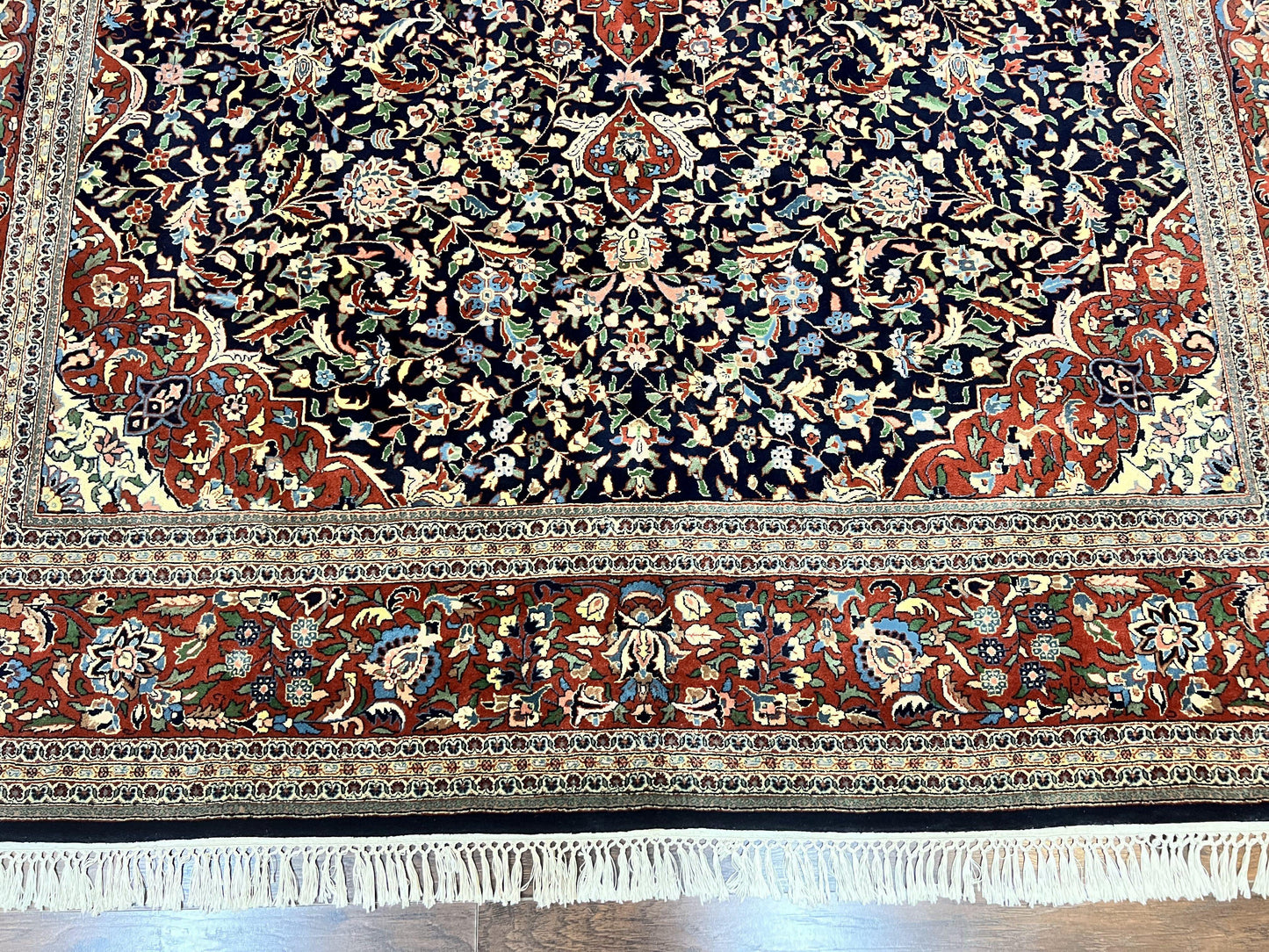 Indo Persian Rug 8x10 Floral Medallion Vintage Handmade Wool Carpet Navy Blue Red 300 KPSI
