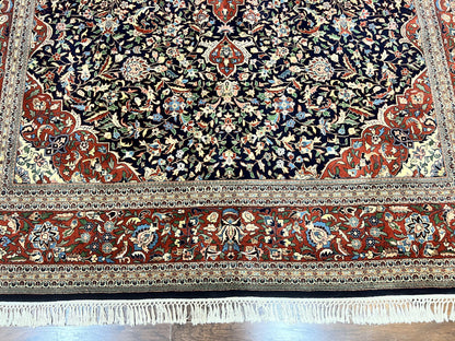 Indo Persian Rug 8x10 Floral Medallion Vintage Handmade Wool Carpet Navy Blue Red 300 KPSI
