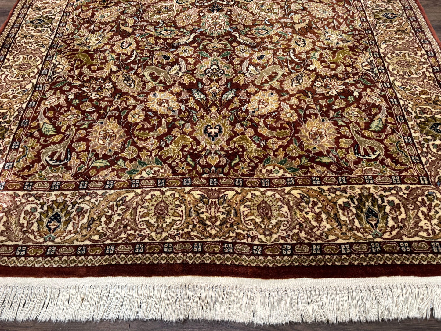 Tree Of Life Kashmiri Rug 6x9 Indian Wool Hand Knotted Rust Red Cream Animal Pictorials