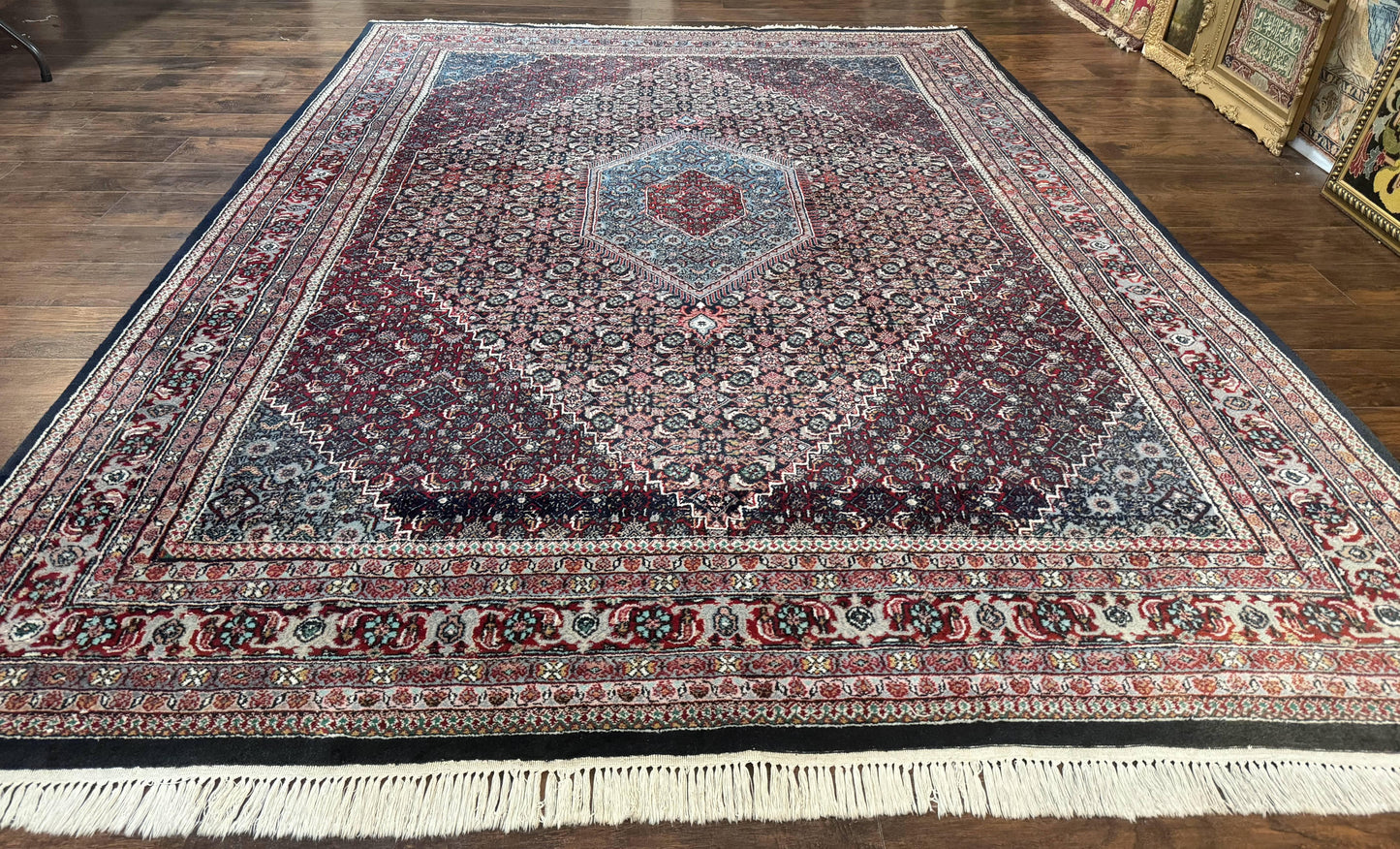 Indo Persian Bidjar Rug 8x11, Herati Mahi Pattern, Red Navy Blue, Handmade Vintage Wool Carpet