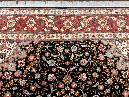Marvelous Persian Tabriz Rug 7x10 ft, Super Fine 50 Raj, 300+ KPSI, Black and Rust Red, Floral Medallion Handmade Wool Oriental Carpet, Top Quality