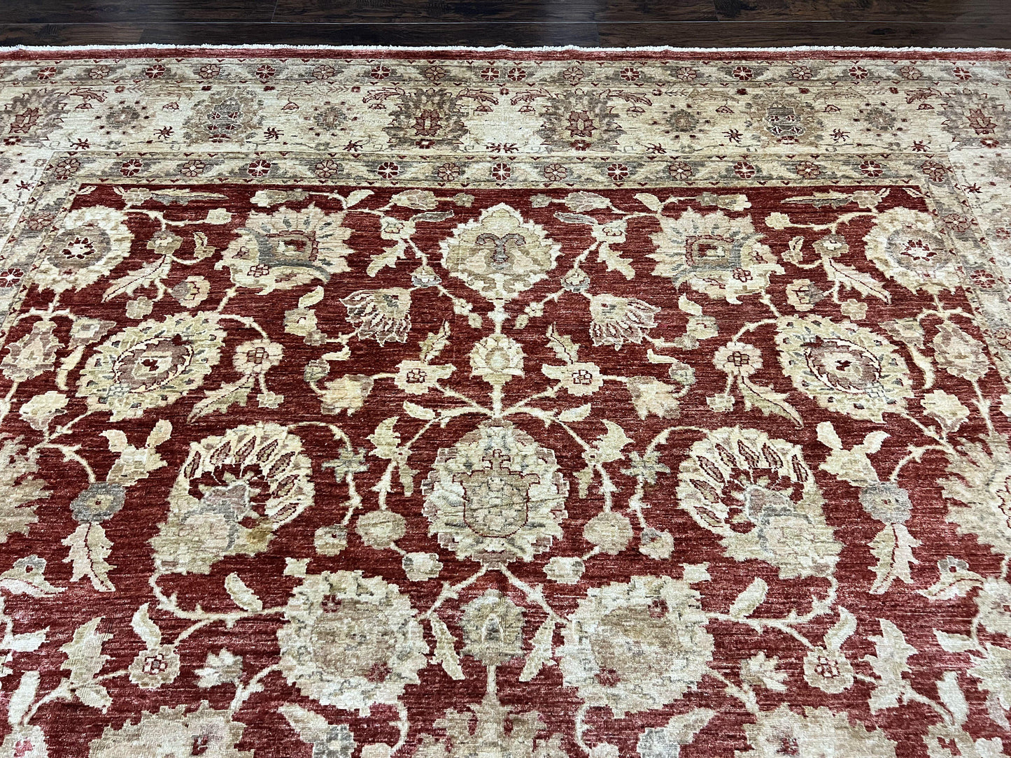 Pak Persian Rug 10x14, Sultanabad Mahal Peshawar Chobi Carpet, Large Vintage Wool Oriental Rug, Maroon & Beige, Floral Allover, Handmade
