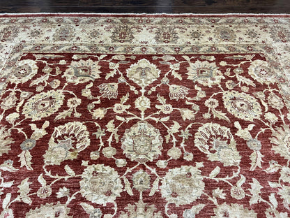 Pak Persian Rug 10x14, Sultanabad Mahal Peshawar Chobi Carpet, Large Vintage Wool Oriental Rug, Maroon & Beige, Floral Allover, Handmade