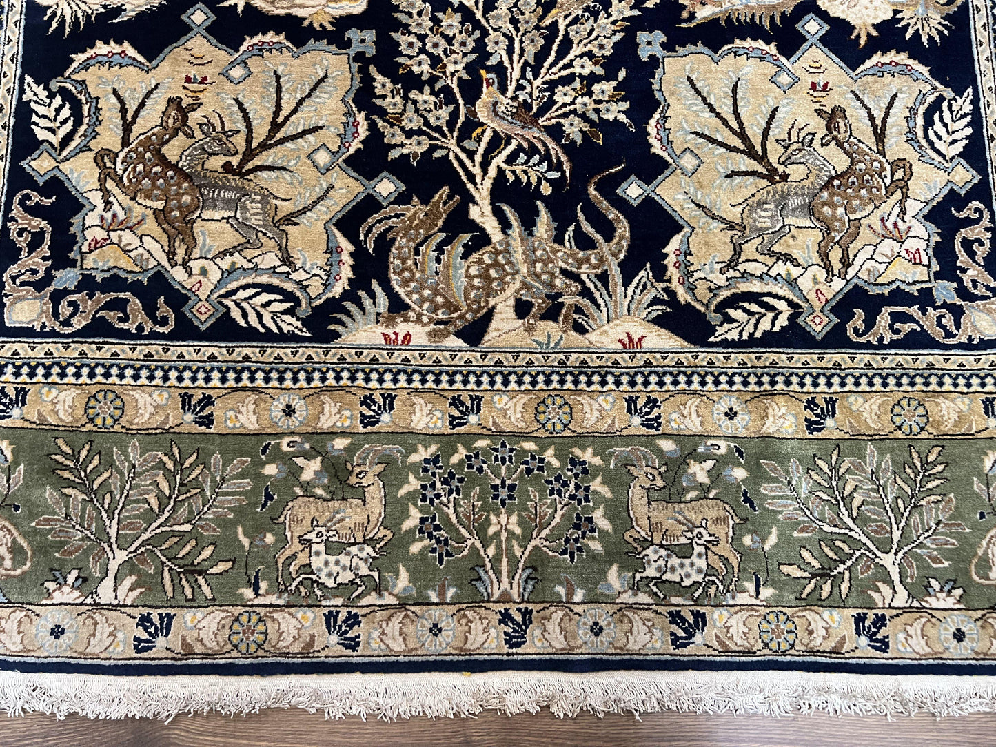 Persian Qum Rug 6x9 Hand Knotted Tree Of Life Oriental Carpet Navy Blue Green