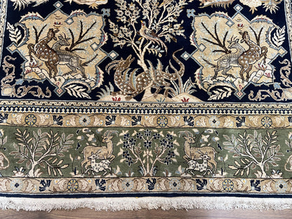 Persian Qum Rug 6x9 Hand Knotted Tree Of Life Oriental Carpet Navy Blue Green