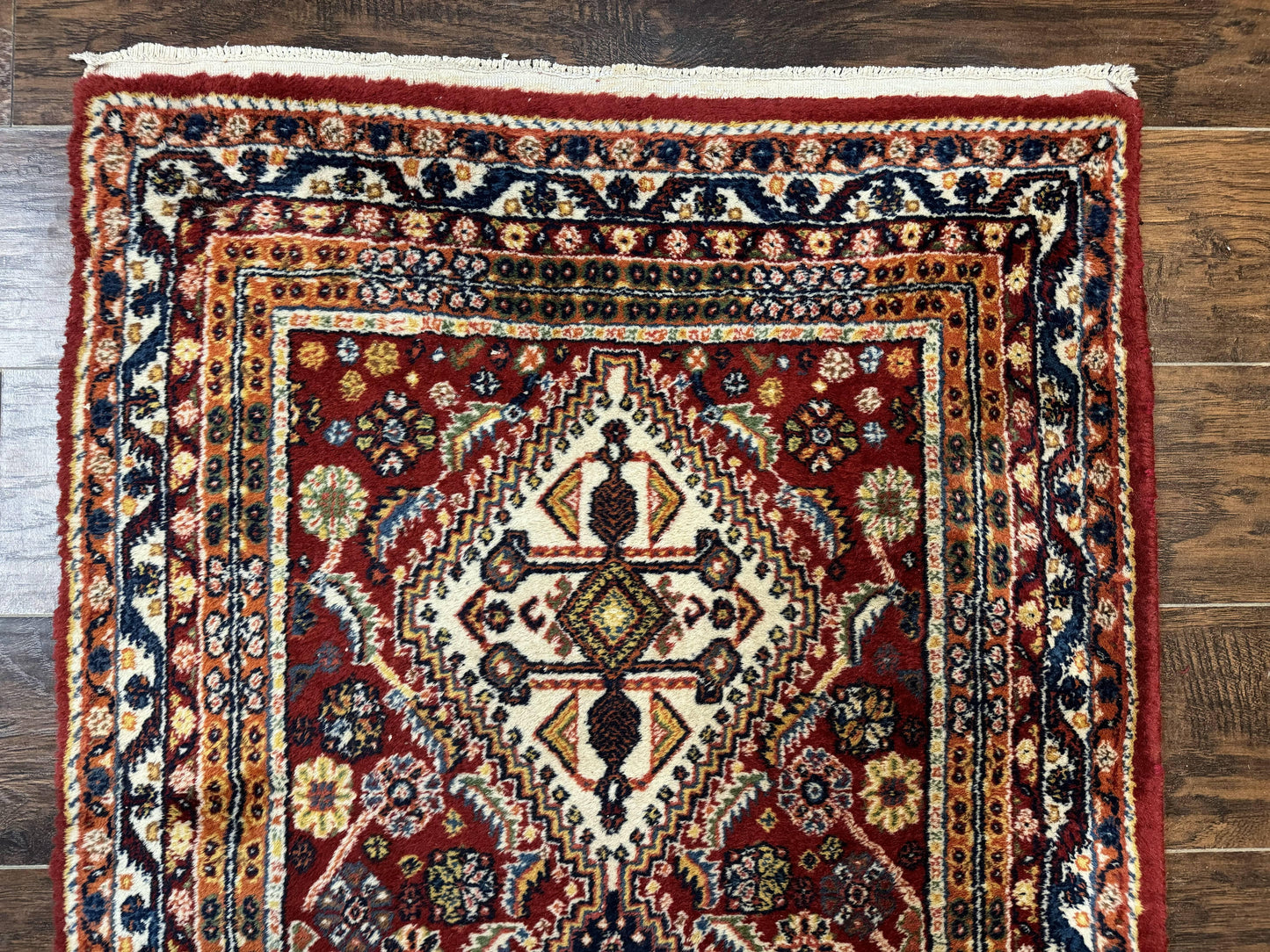 Antique Persian Qashqai Runner Rug 3 x 13 ft, Tribal Runner, Geometric Medallions, Red Ivory Blue, Wool