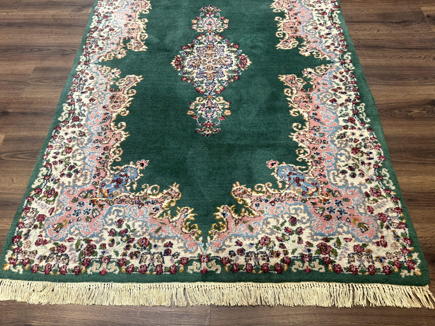 Persian Kerman Rug 4x6 Vintage Wool Green Ivory Pink Medallion Semi Open Field