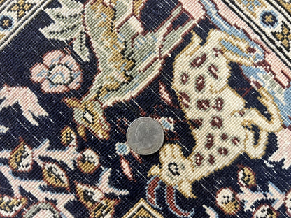 Persian Qum Tree of Life Rug 5x7, Wool and Silk Highlights, Animal Motifs, Vintage Hand Knotted Handmade Cream & Black Fine Oriental Carpet