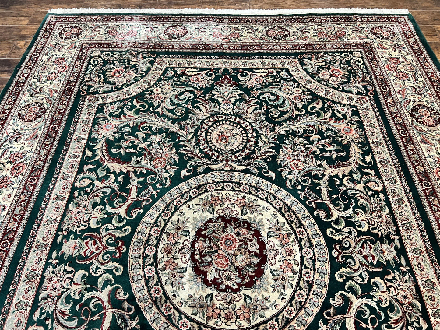 Persian Rug 9x12 Dark Green Cream Floral Medallion Handmade Wool Carpet