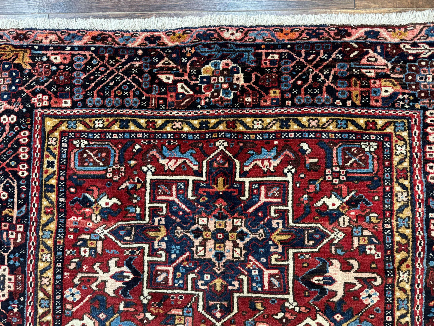Persian Karajeh Rug 5x6, Antique Heriz Carpet, Geometric, Persian Tribal Rug, Brick Red Navy Blue