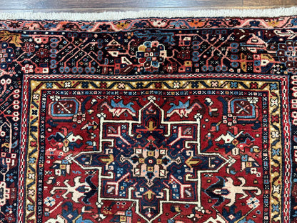 Persian Karajeh Rug 5x6, Antique Heriz Carpet, Geometric, Persian Tribal Rug, Brick Red Navy Blue