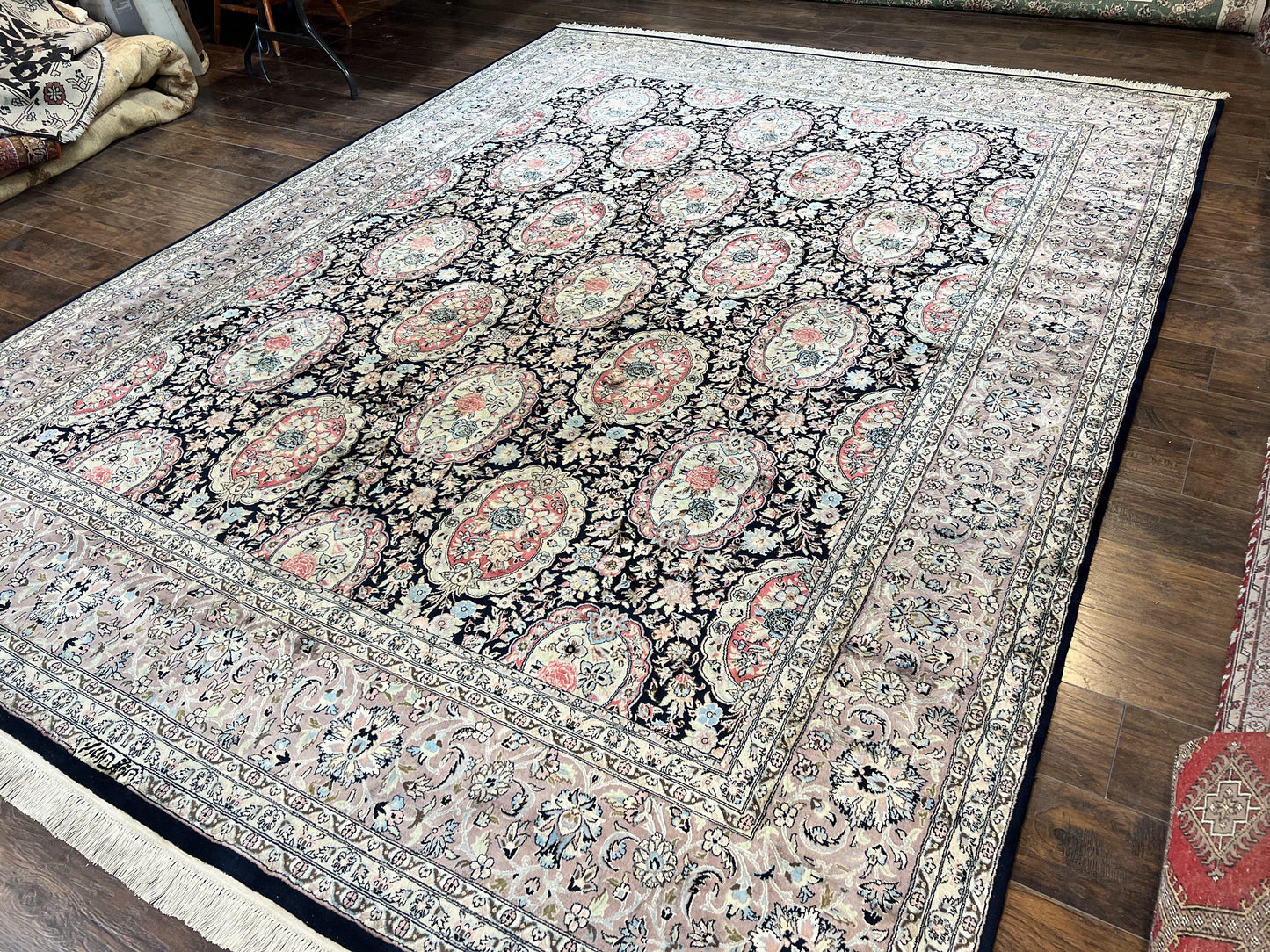 Sino Persian Rug 9x12 Navy Blue and Pink Hand Knotted Wool Silk Floral Vintage Oriental Carpet