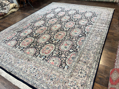 Sino Persian Rug 9x12 Navy Blue and Pink Hand Knotted Wool Silk Floral Vintage Oriental Carpet