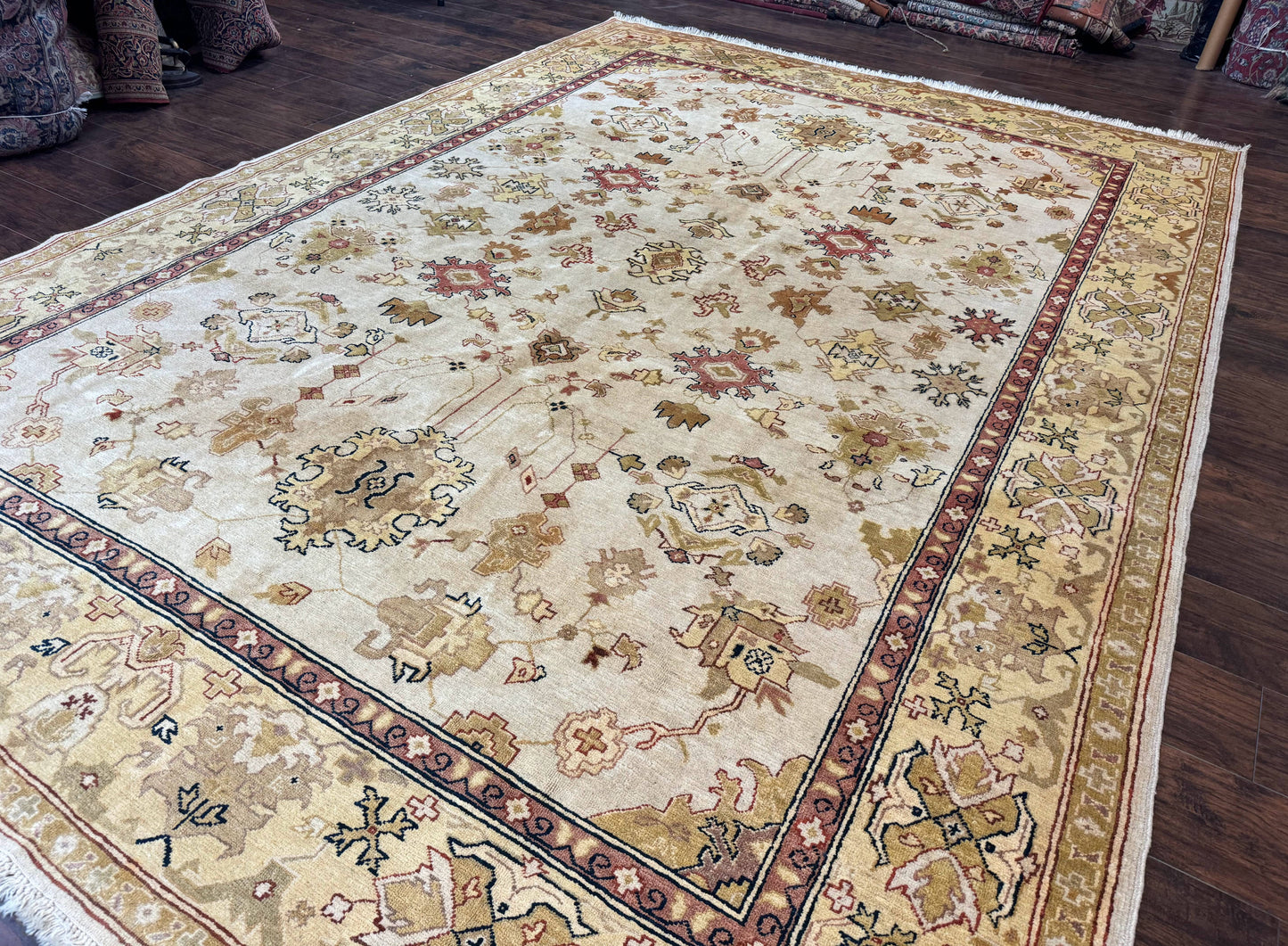 Turkish Oushak Rug 9x12 Hand Knotted Wool Carpet Vintage Oat Color