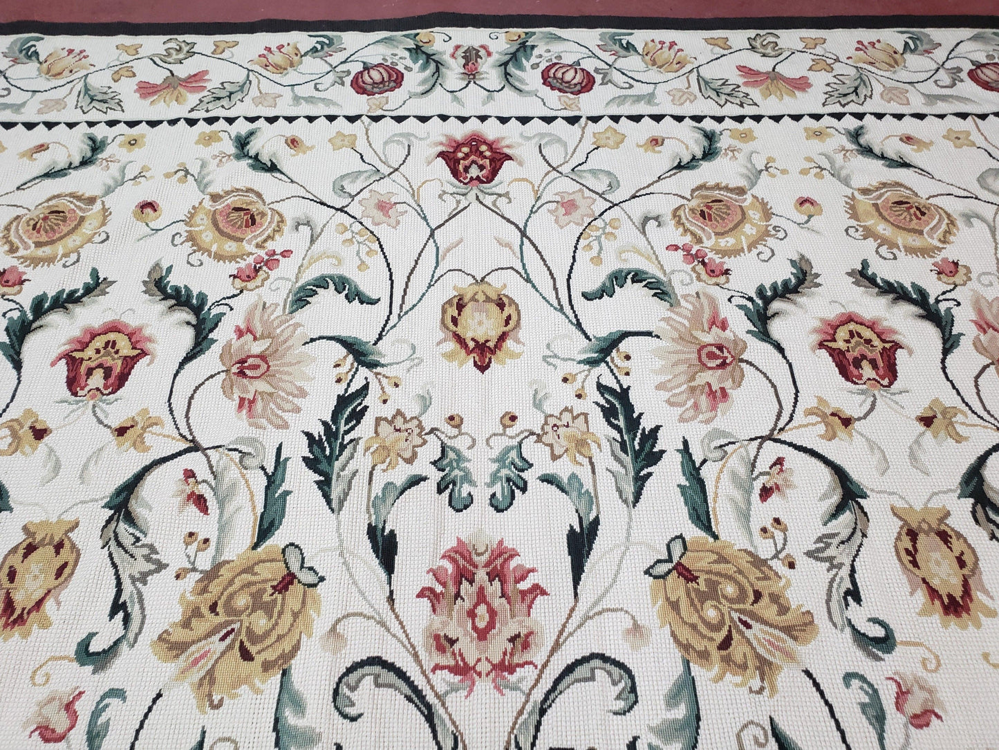 New Needlepoint Rug 9x12, Hand Woven Wool Area Rug, Flatweave Carpet, Handmade Chinese Needlepoint, Floral European Design, Ivory Background