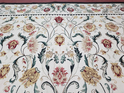 New Needlepoint Rug 9x12, Hand Woven Wool Area Rug, Flatweave Carpet, Handmade Chinese Needlepoint, Floral European Design, Ivory Background