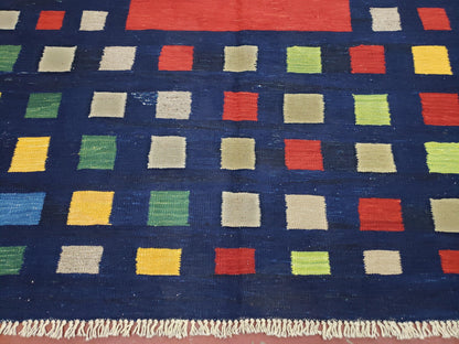 Turkish Kilim Rug Checkerboard Area Rug 5x7 6x8 Multicolor Playroom