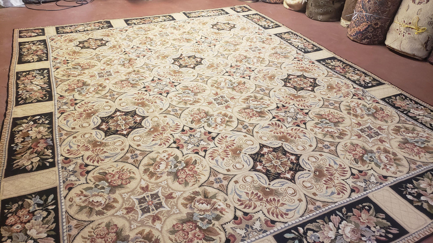 Needlepoint Rug 8x10ft Hand Knotted Wool Aubusson Flower Design Area Rug